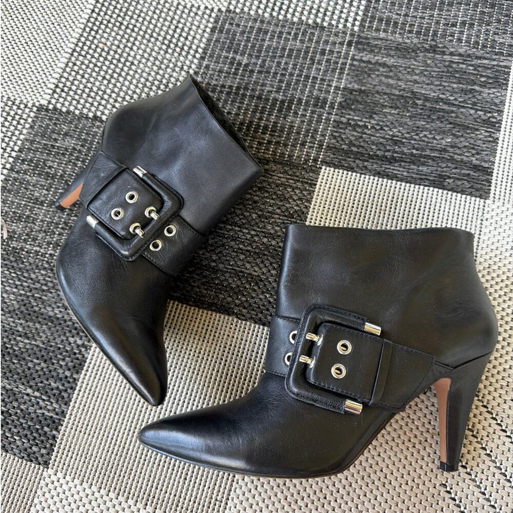NINE WEST Pickme Pointed Ankle Boot Black 6.5 Large Buckle Leather Stiletto Heel